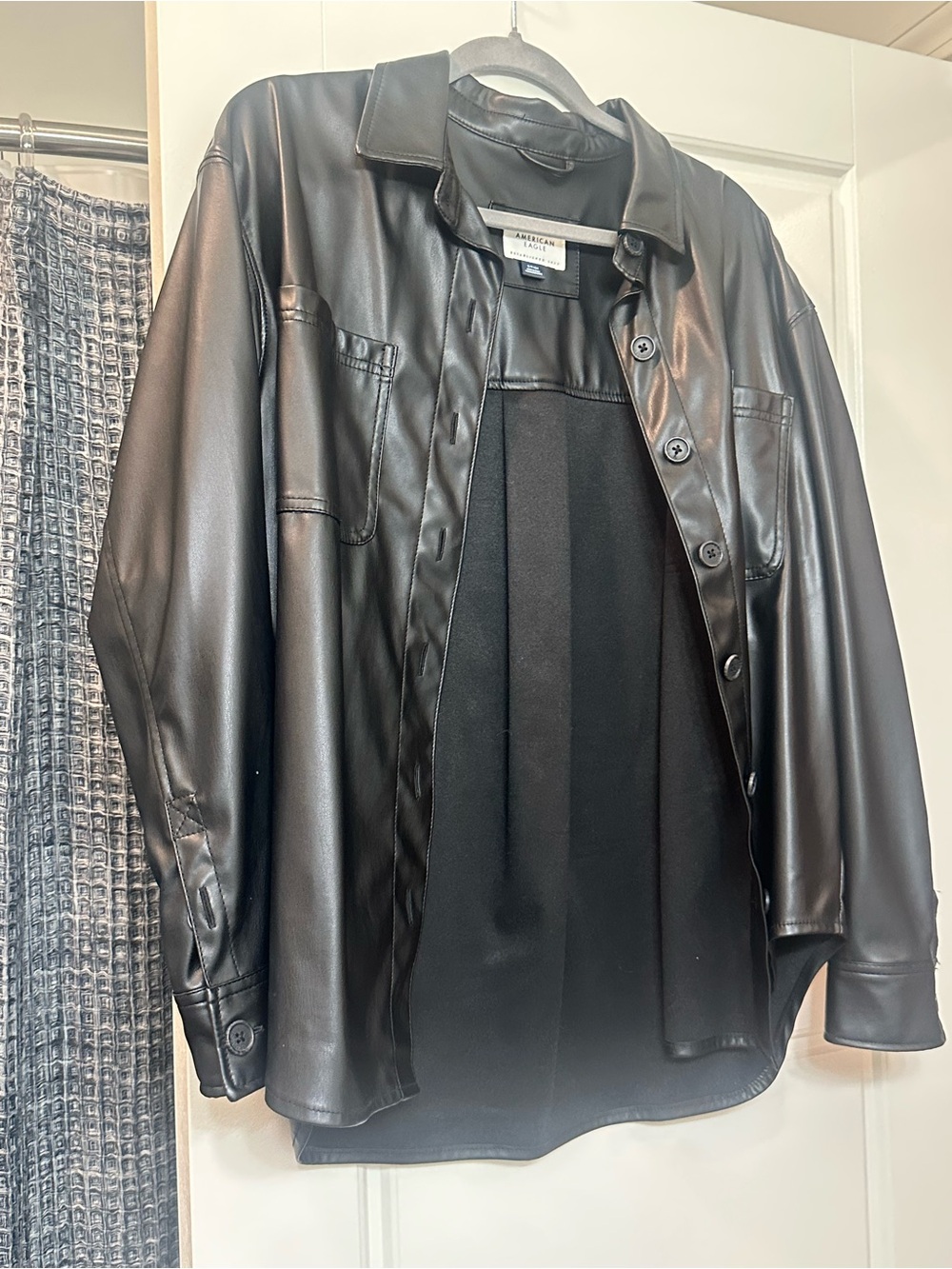 American Eagle Outfitters Black Faux Leather Button-Down Shirt Jacket